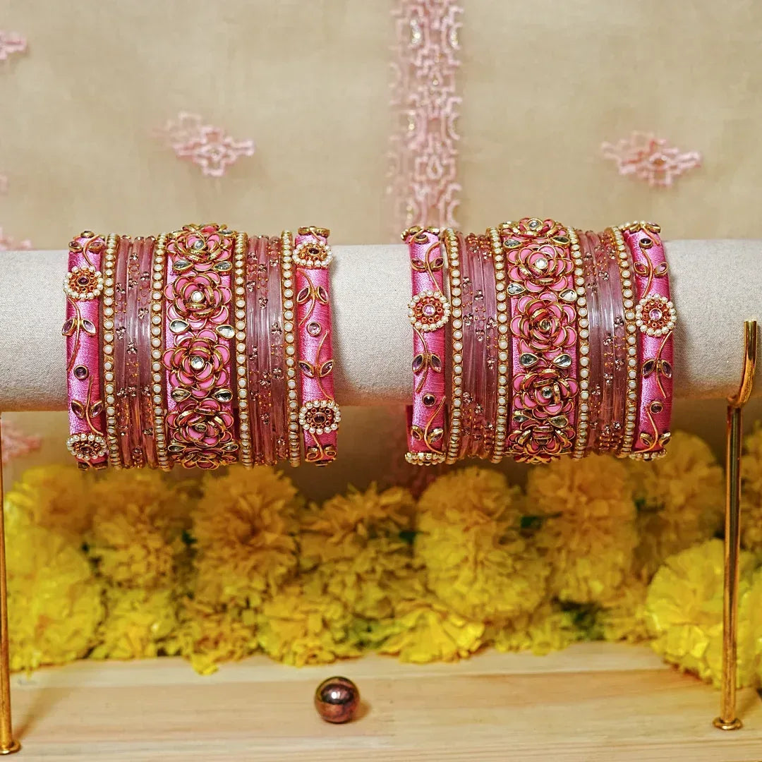 Traditional Handmade Thread Work Glass Bangles Set for Women (Both Hands) - The Golden Cascade